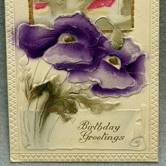 Purple Pansies‎ Gold Trim Ribbon Embossed Birthday Greetings c1910s POSTCARD - Picture 3 of 6